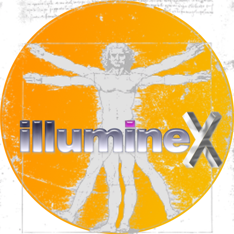 illumineX logo on orange circle with Vitruvian background